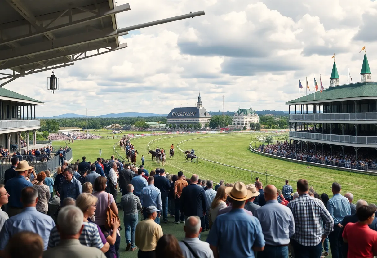Spectators at the Fair Grounds Race Course during a lively horse racing event.