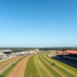 Aerial view of Fair Grounds Race & Slots during a horse racing event