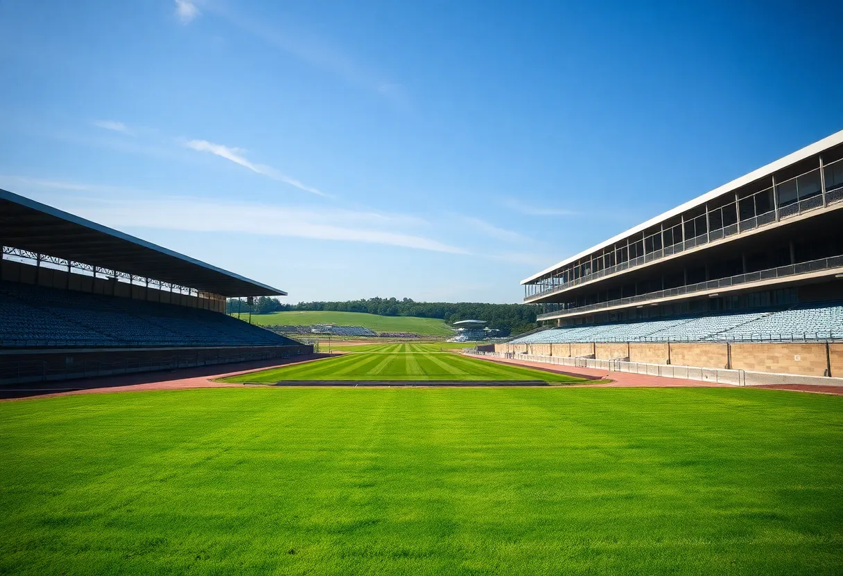 Historic Fair Grounds racetrack with empty stands