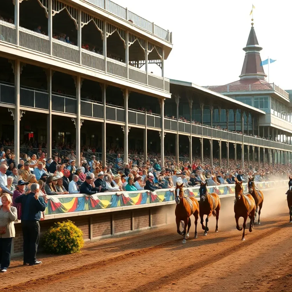 Horse racing at Fair Grounds in New Orleans with enthusiastic crowds.