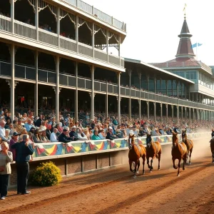 Horse racing at Fair Grounds in New Orleans with enthusiastic crowds.