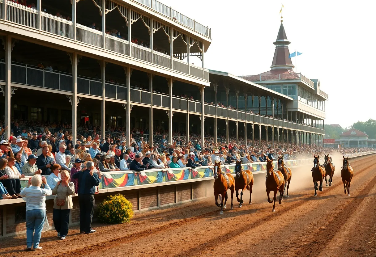 Horse racing at Fair Grounds in New Orleans with enthusiastic crowds.