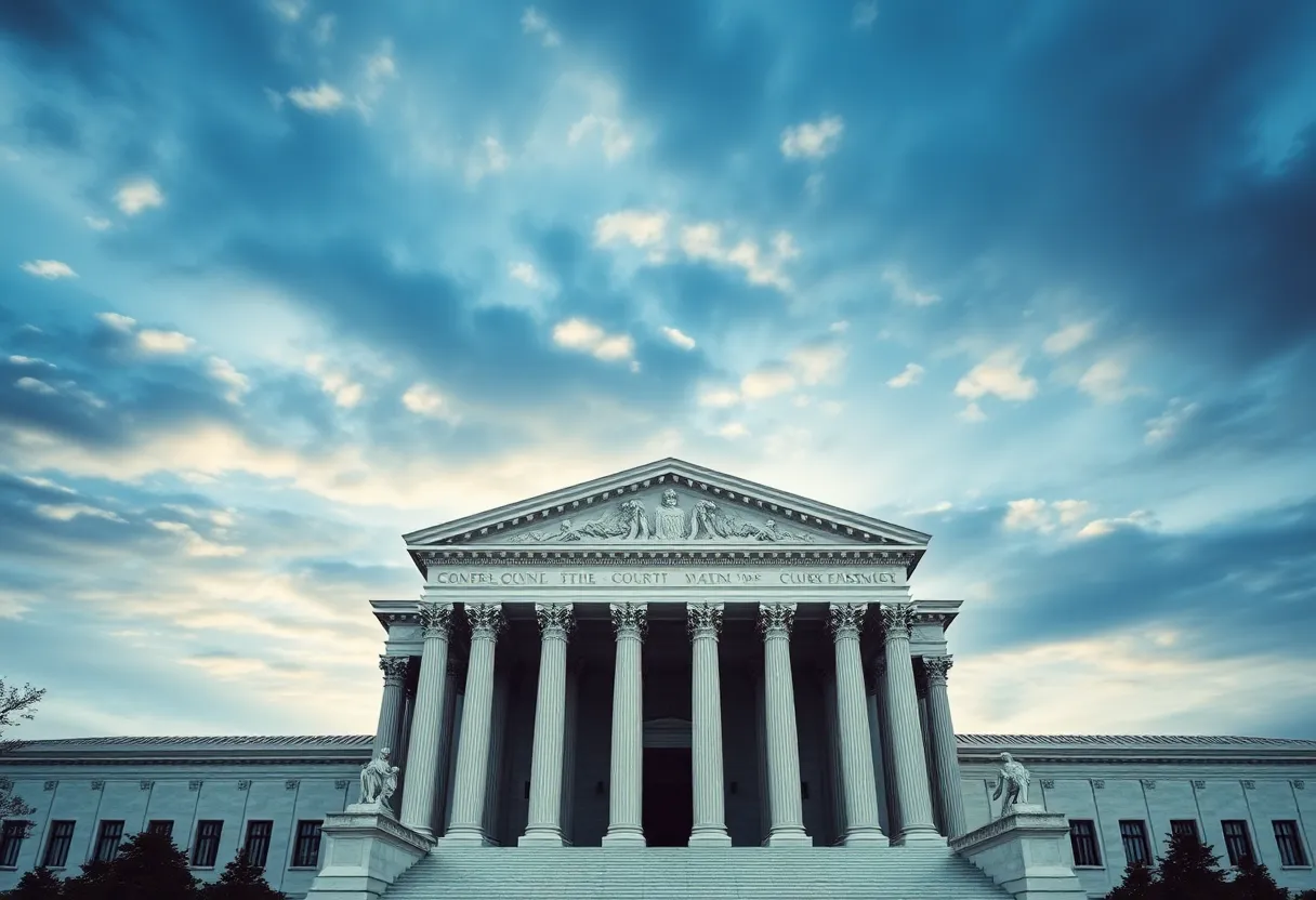 Exterior view of a federal court building with a dramatic sky.