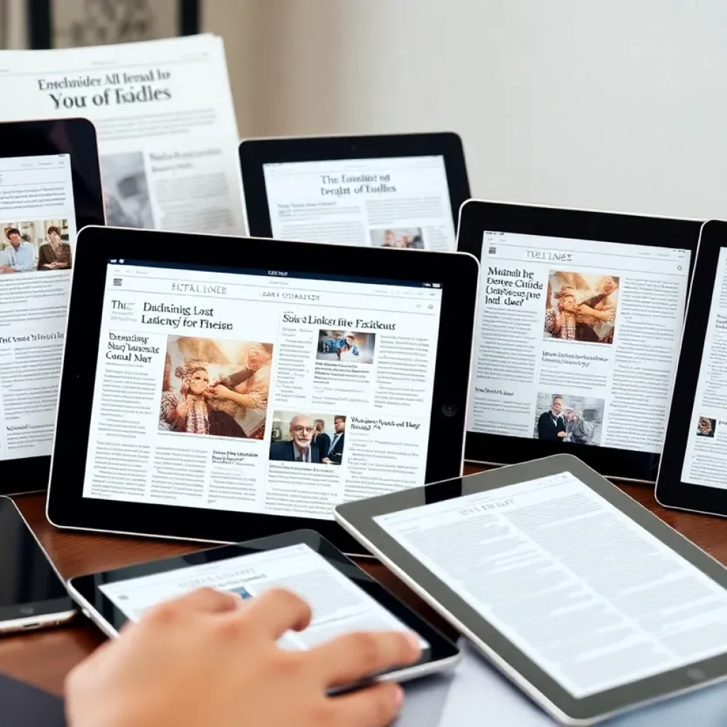Person reading articles on various devices representing digital journalism