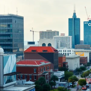 Cityscape of New Orleans with energy and telecom company representations