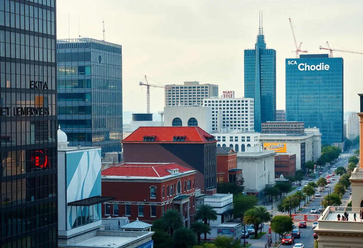 Cityscape of New Orleans with energy and telecom company representations