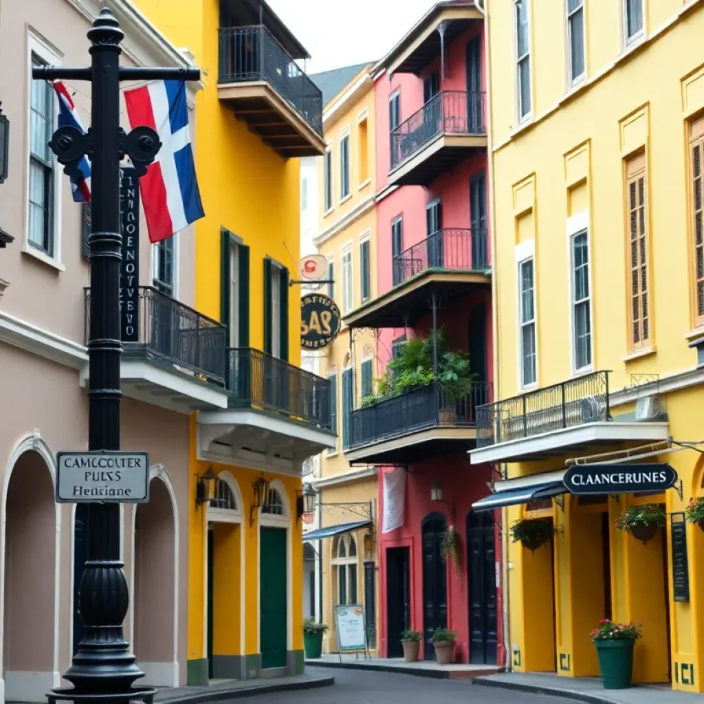 A picturesque view of the French Quarter in New Orleans depicting historic buildings and French signage.
