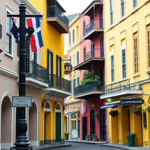 A picturesque view of the French Quarter in New Orleans depicting historic buildings and French signage.