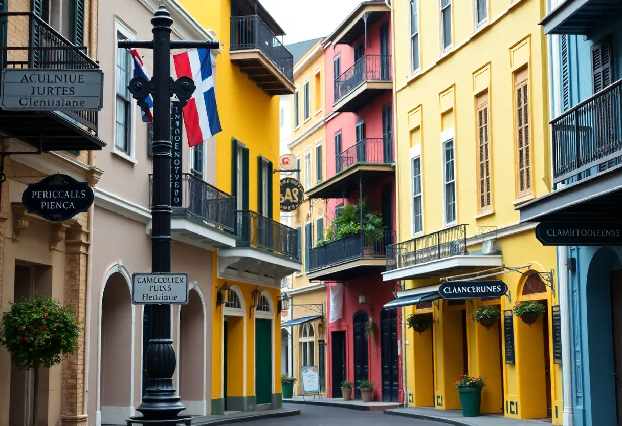 A picturesque view of the French Quarter in New Orleans depicting historic buildings and French signage.