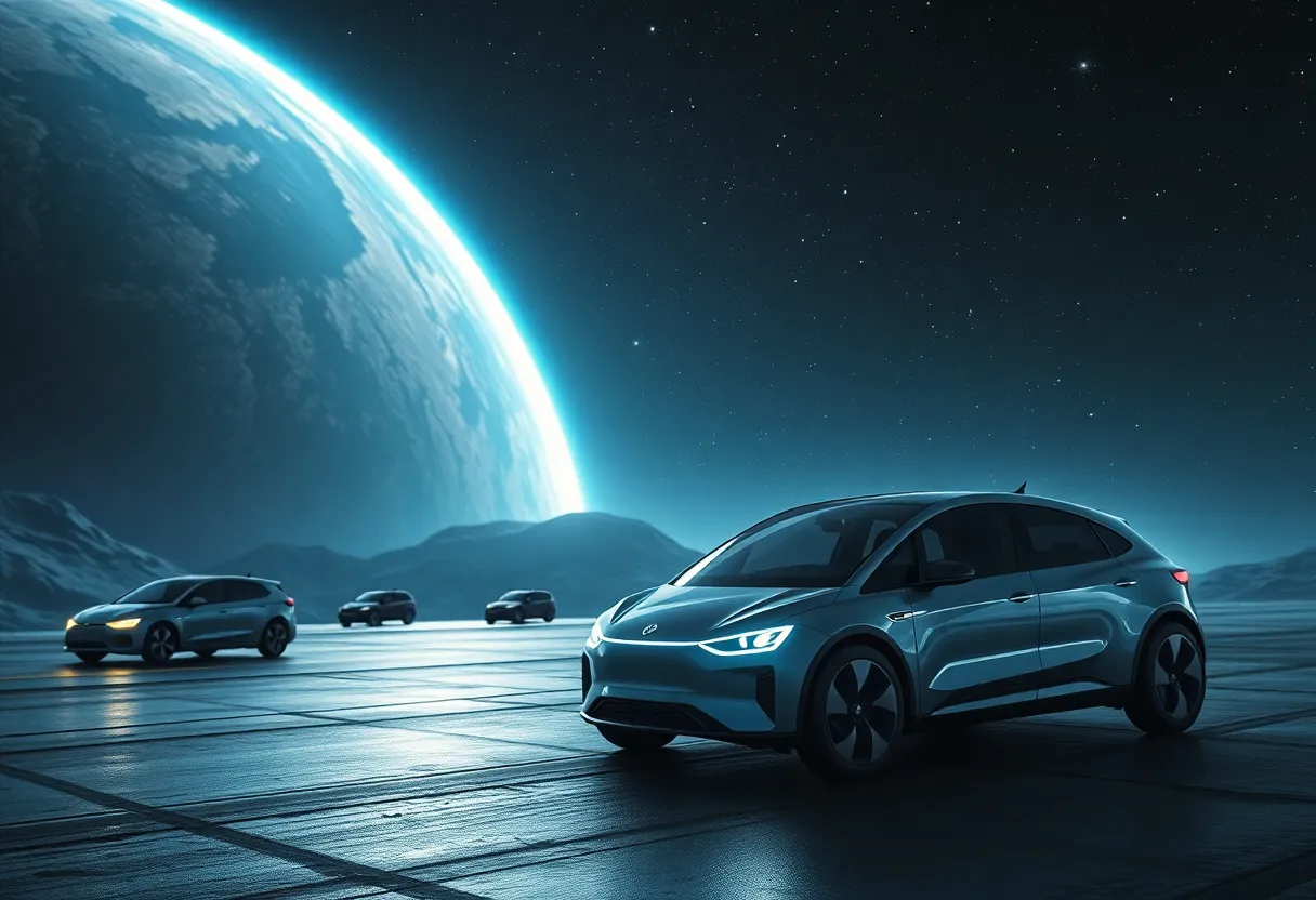 An artistic representation of space exploration with electric vehicles under a starry sky.