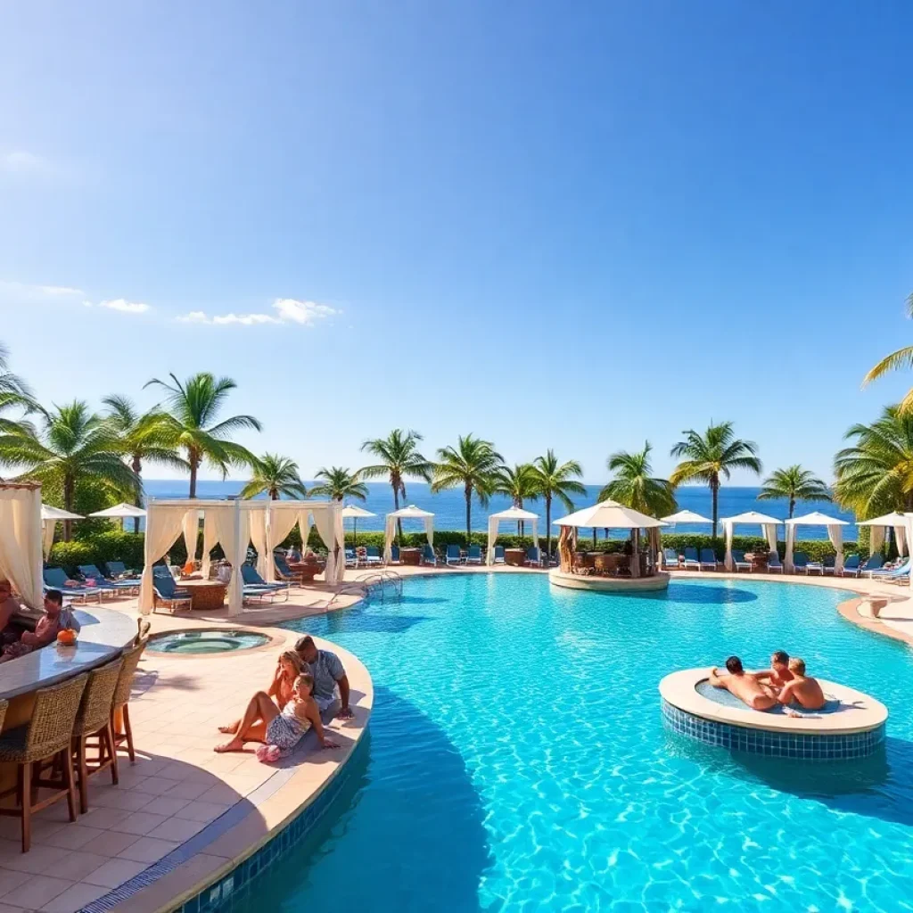Swim-up bar at Garden District Hotel with lush surroundings