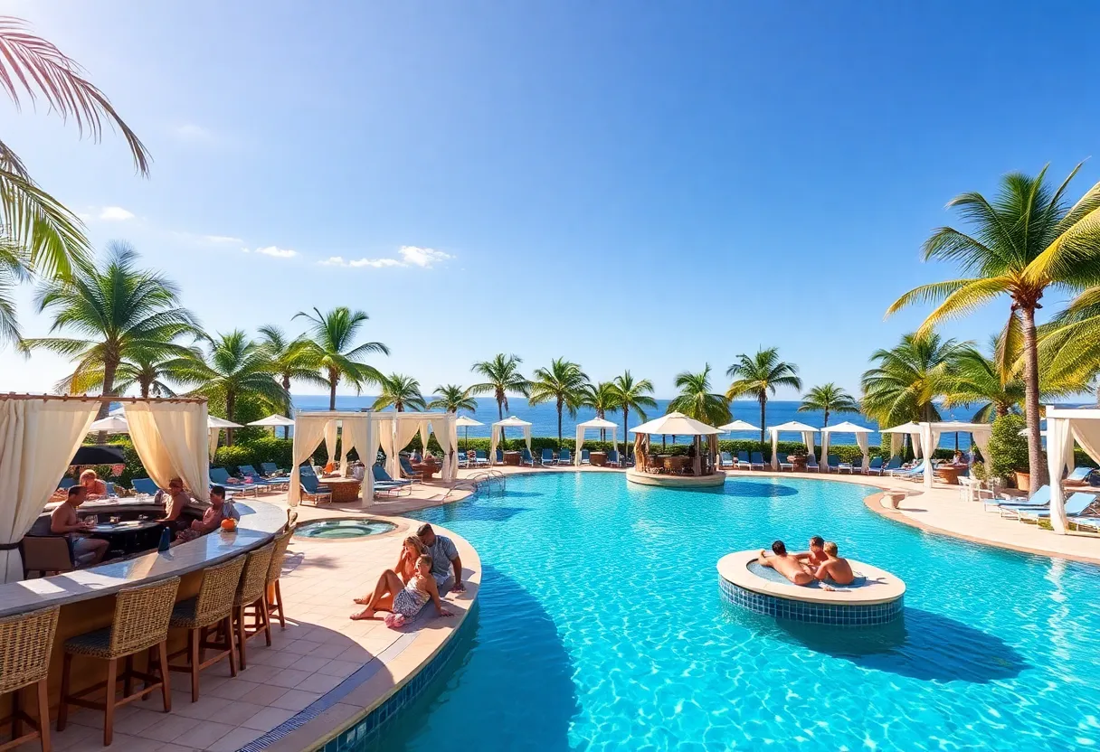 Swim-up bar at Garden District Hotel with lush surroundings