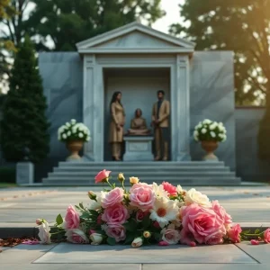 Graveside setting with flowers for a memorial service