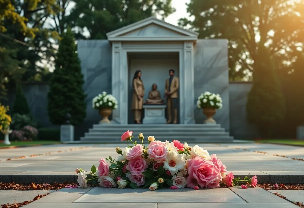 Graveside setting with flowers for a memorial service