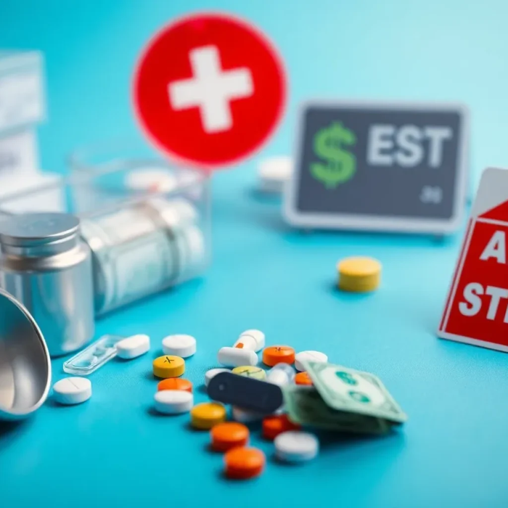Illustration representing the healthcare crisis in Louisiana with pharmacy competition and consumer concerns.