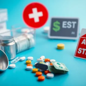 Illustration representing the healthcare crisis in Louisiana with pharmacy competition and consumer concerns.