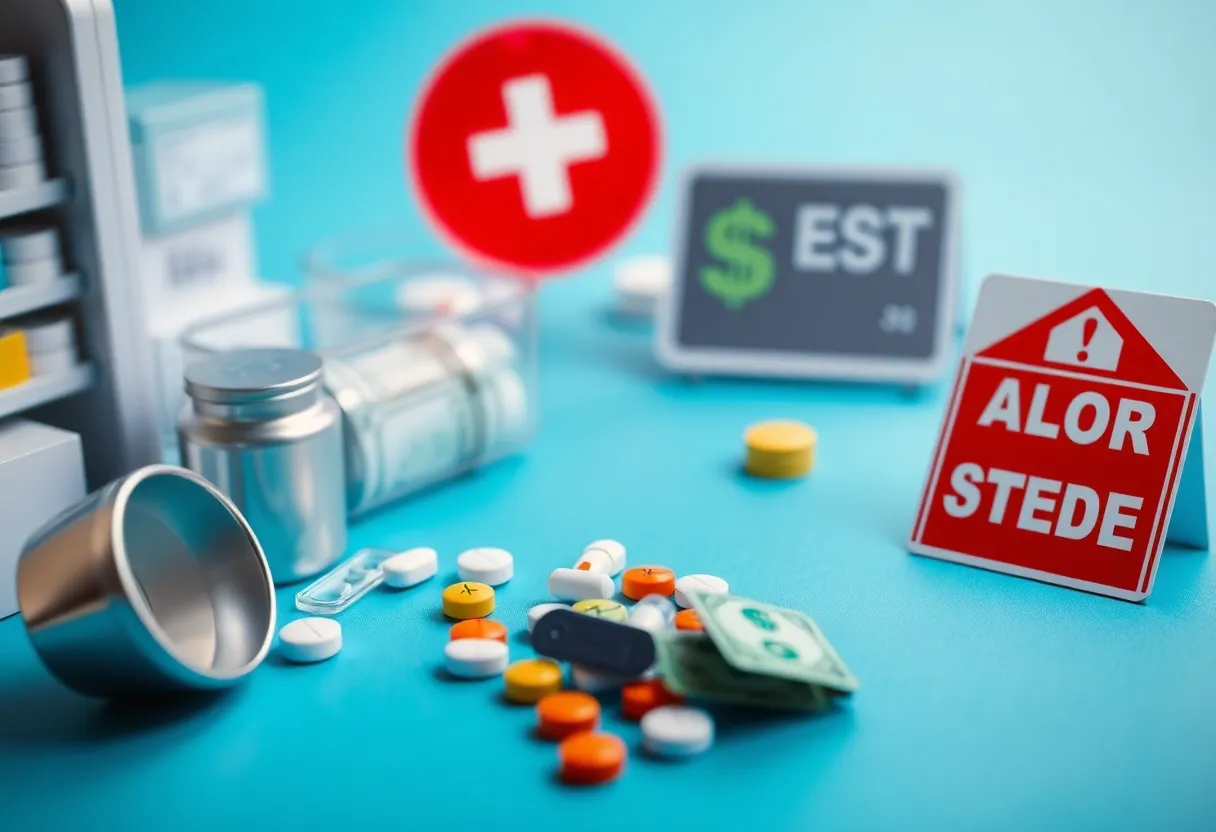 Illustration representing the healthcare crisis in Louisiana with pharmacy competition and consumer concerns.