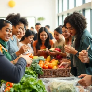 Community members participating in healthy eating practices with fresh produce.