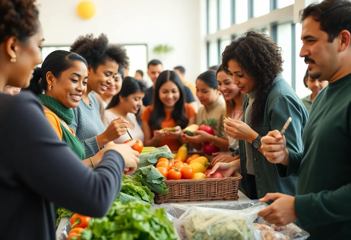 Community members participating in healthy eating practices with fresh produce.