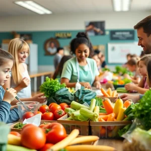 Students enjoying healthy meals in a school cafeteria