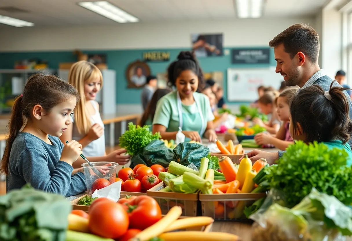 Students enjoying healthy meals in a school cafeteria