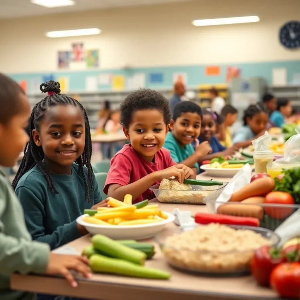 Students enjoying healthy meals in a school cafeteria in Louisiana