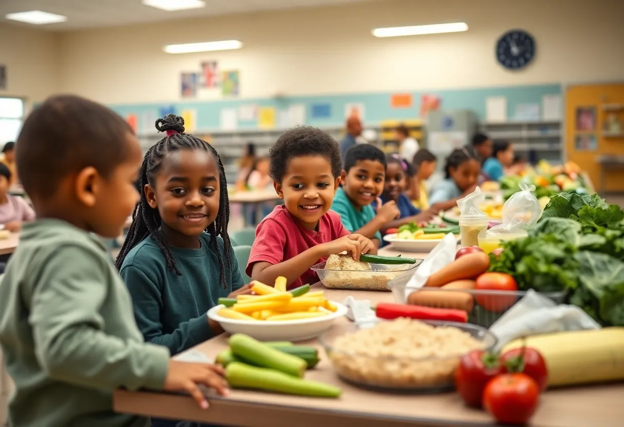 Students enjoying healthy meals in a school cafeteria in Louisiana