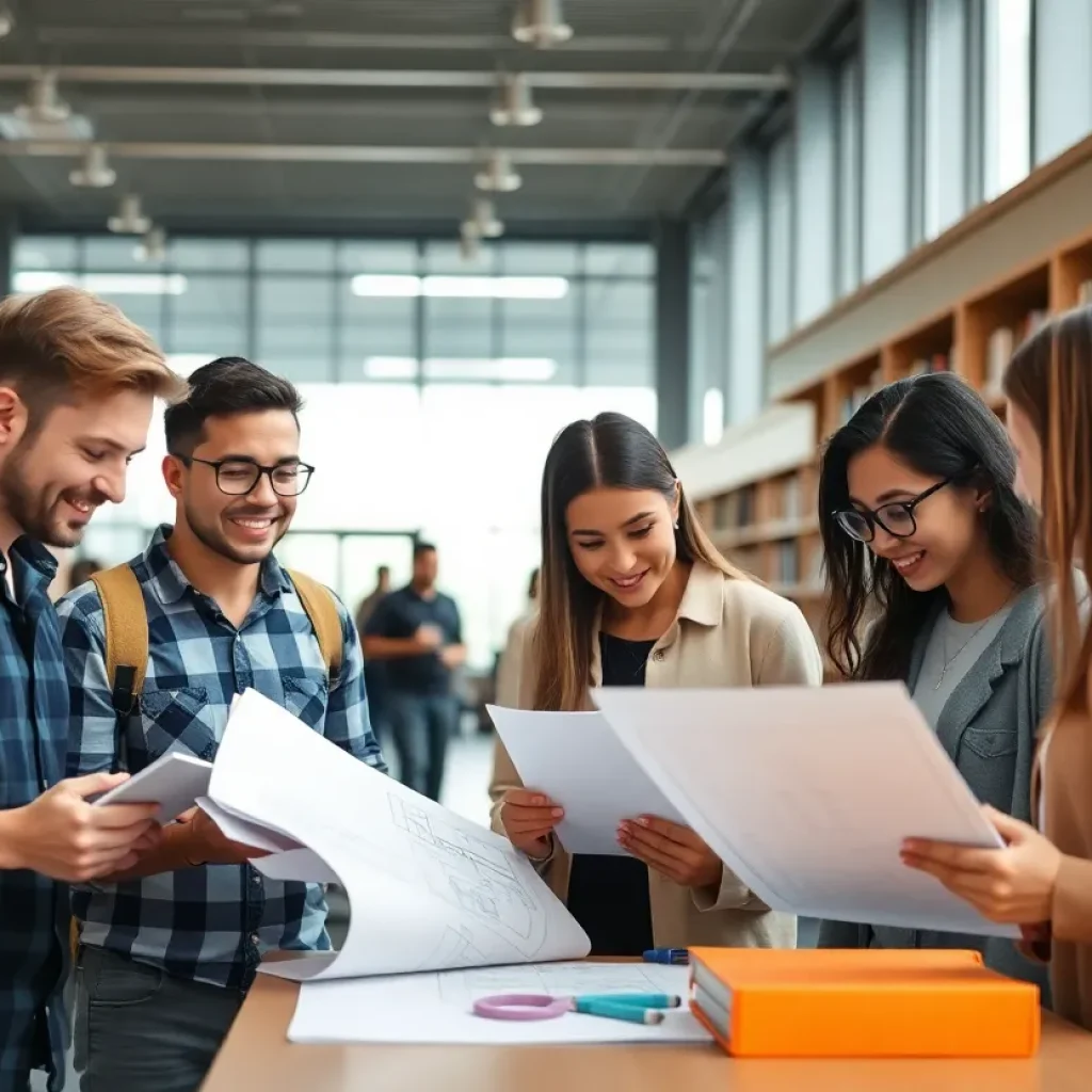 Students collaborating in a university library setting with construction plans in view.