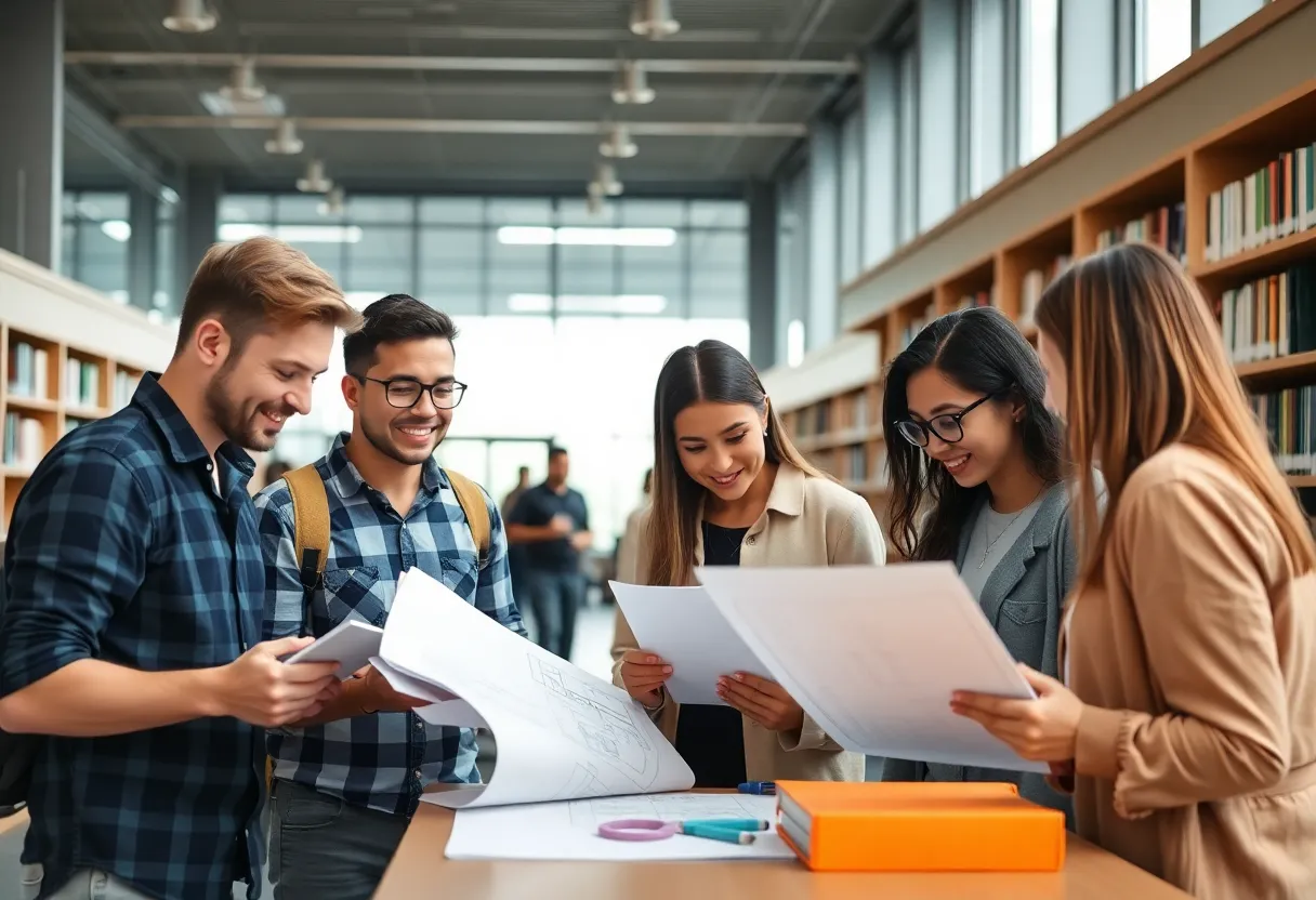 Students collaborating in a university library setting with construction plans in view.