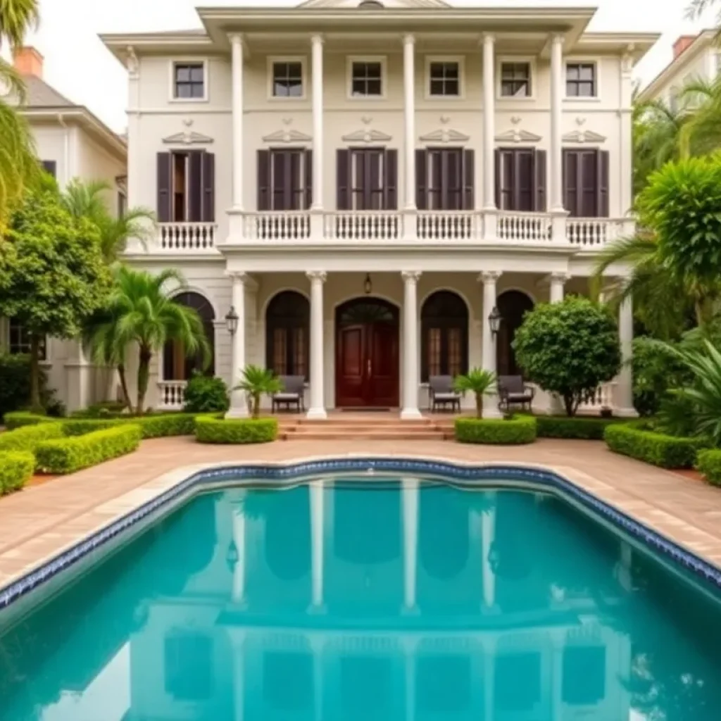 Exterior view of a luxurious historic home in Uptown New Orleans with a garden and pool.
