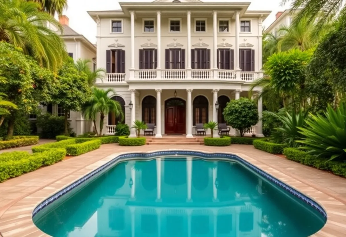 Exterior view of a luxurious historic home in Uptown New Orleans with a garden and pool.