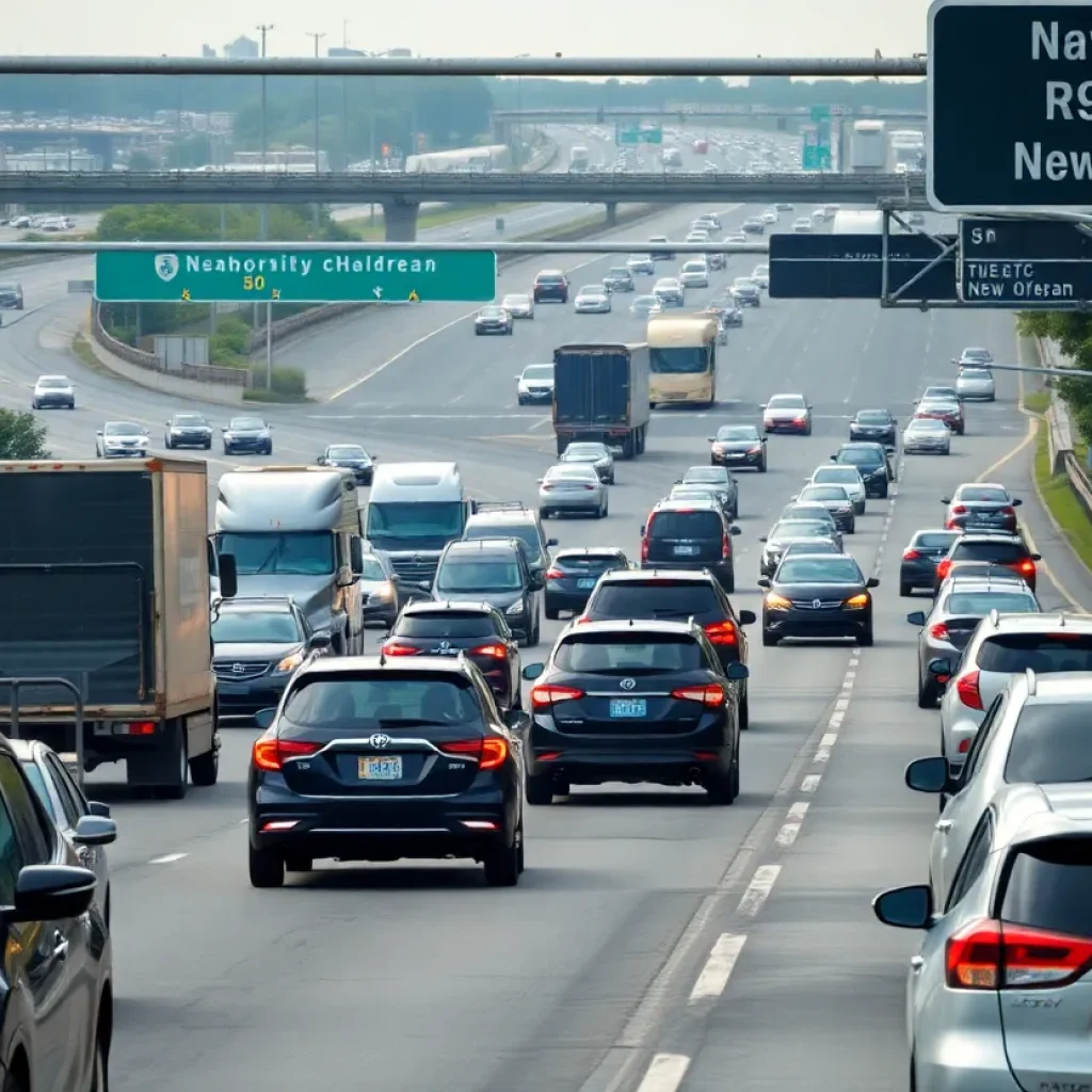 Traffic jam on I-10 due to a multi-vehicle crash near Highrise Bridge in New Orleans