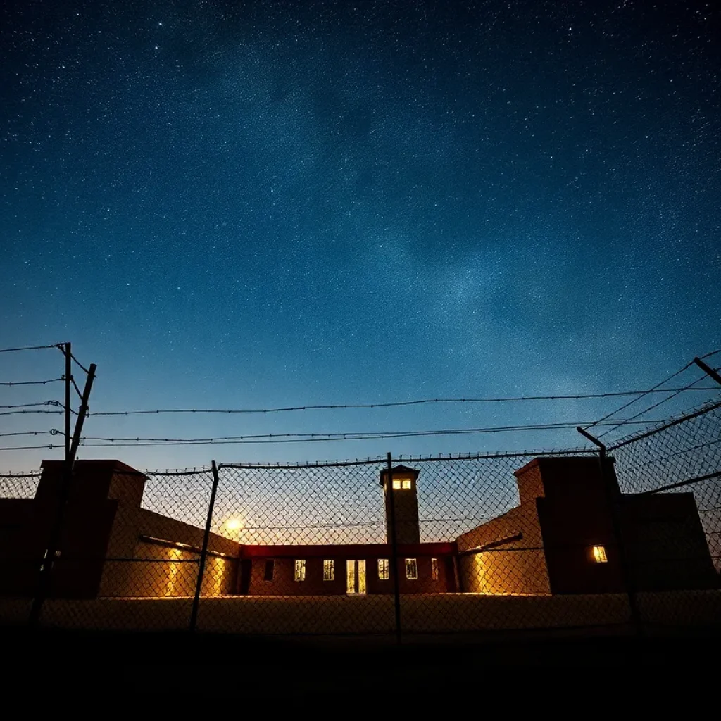 Barbed-wire fence at a correctional facility under a night sky