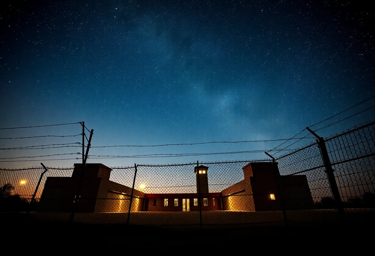 Barbed-wire fence at a correctional facility under a night sky