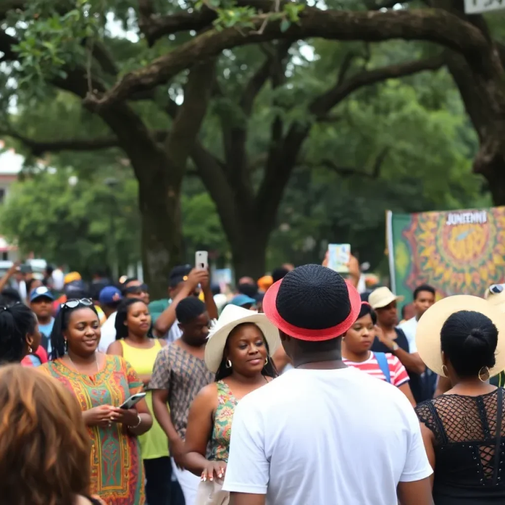 People celebrating Juneteenth in New Orleans, enjoying music and art in a festive atmosphere.