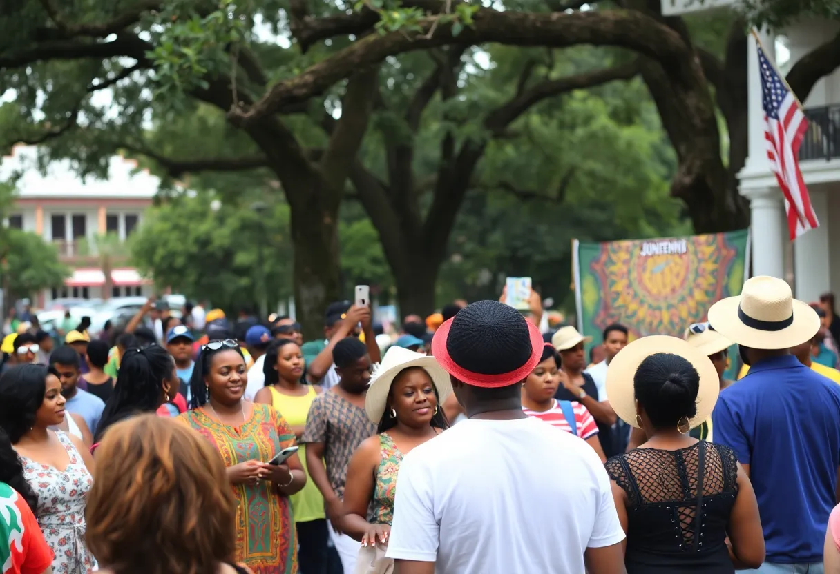 People celebrating Juneteenth in New Orleans, enjoying music and art in a festive atmosphere.