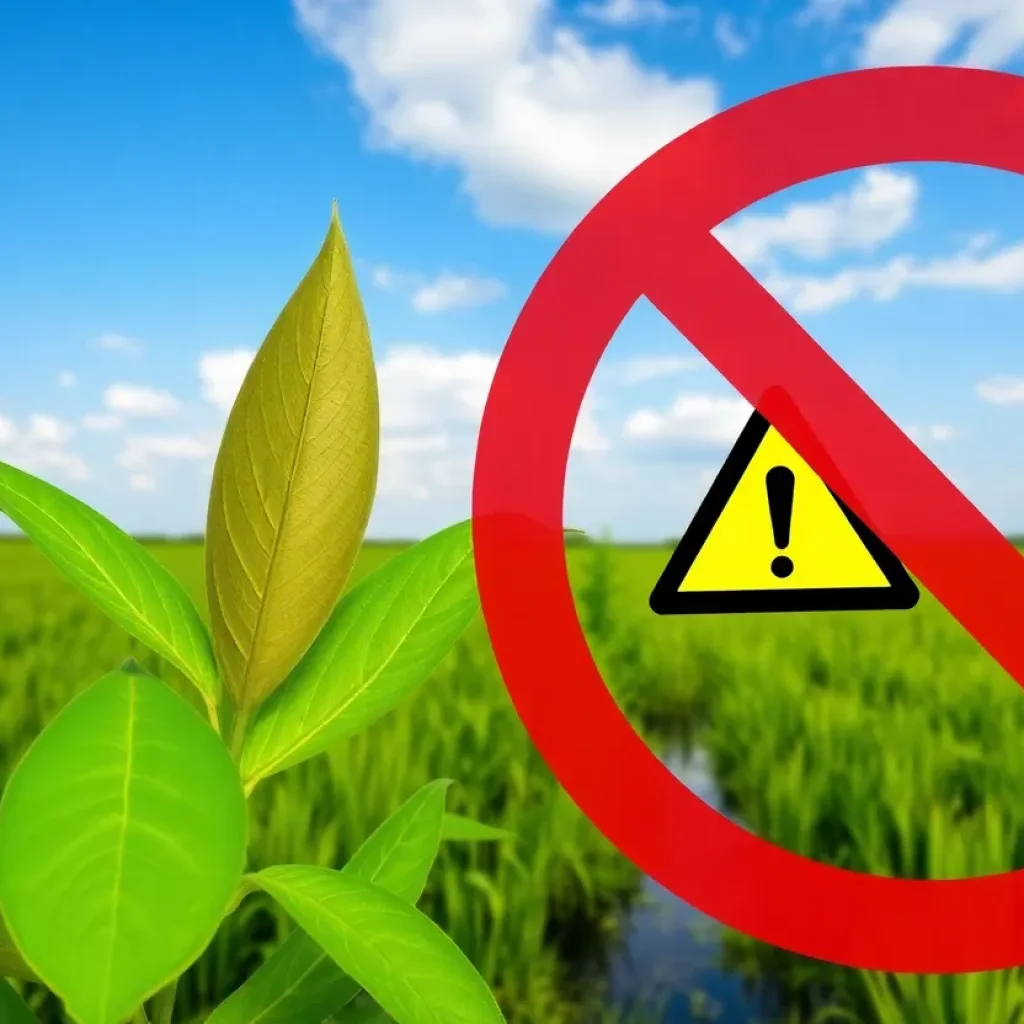 Illustration of kratom leaves with Louisiana landscape and warning symbol.