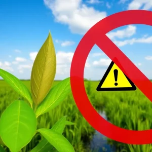 Illustration of kratom leaves with Louisiana landscape and warning symbol.