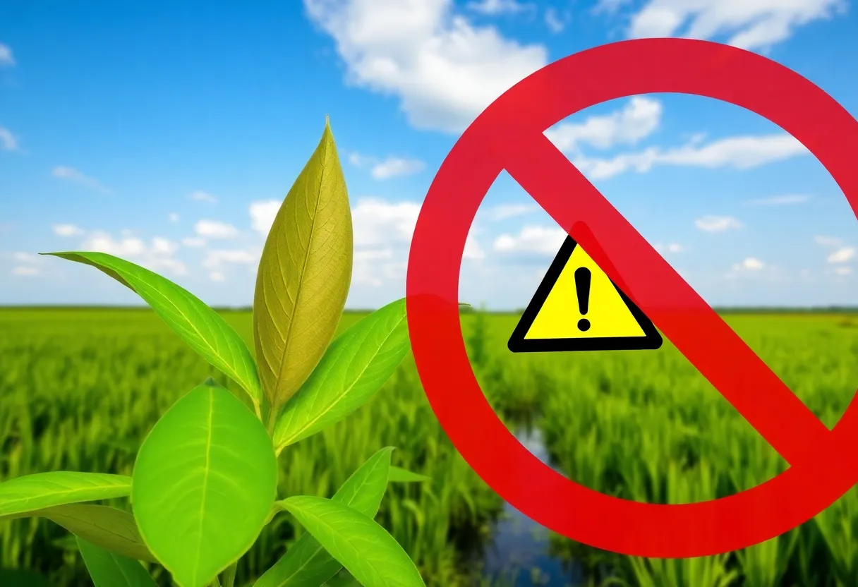 Illustration of kratom leaves with Louisiana landscape and warning symbol.
