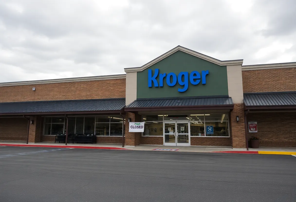 Exterior view of a closed Kroger grocery store