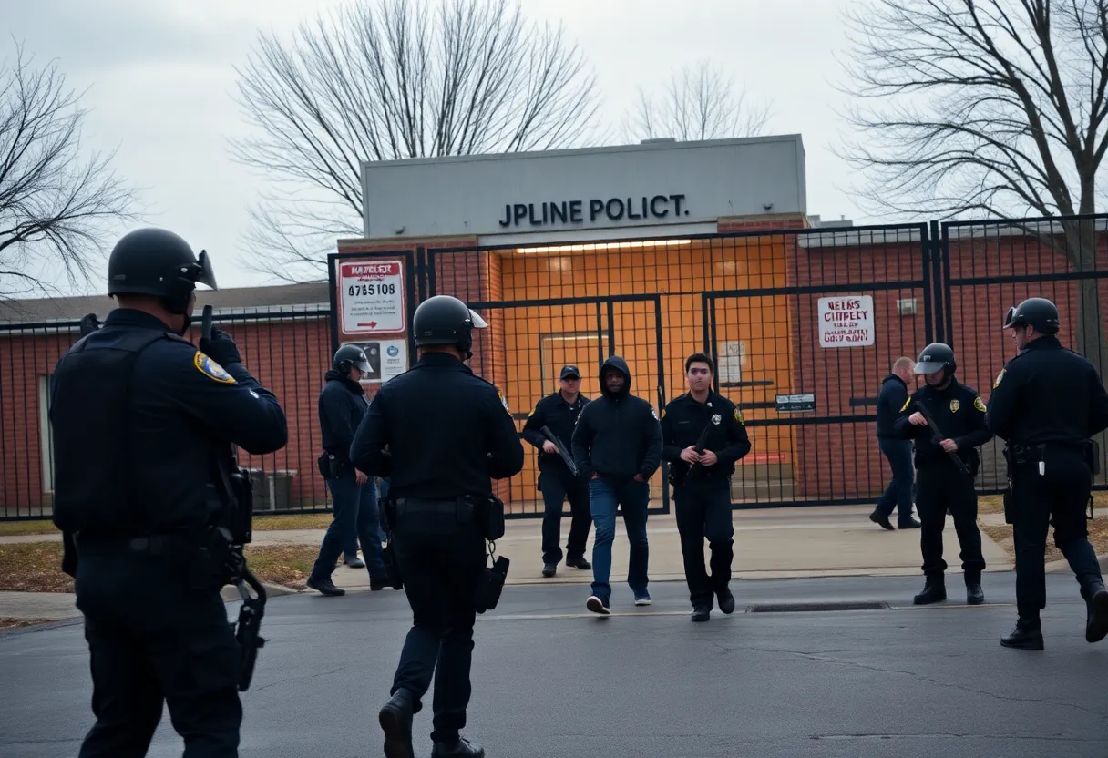 Police activity outside Orleans Justice Center during an inmate escape investigation.