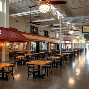 Empty dining areas at the Louisiana Boardwalk highlighting recent business closures.