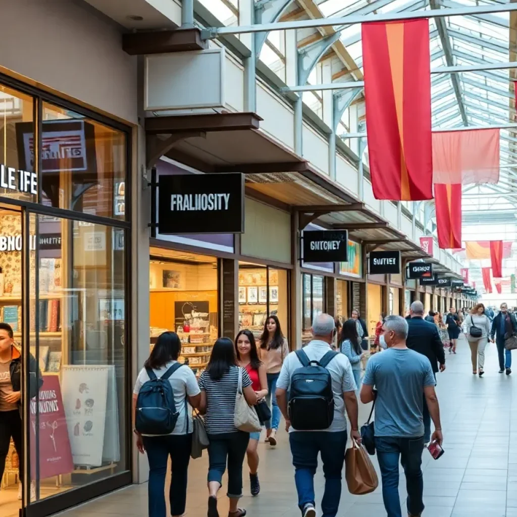 View of Louisiana Boardwalk Outlets showcasing stores and people.