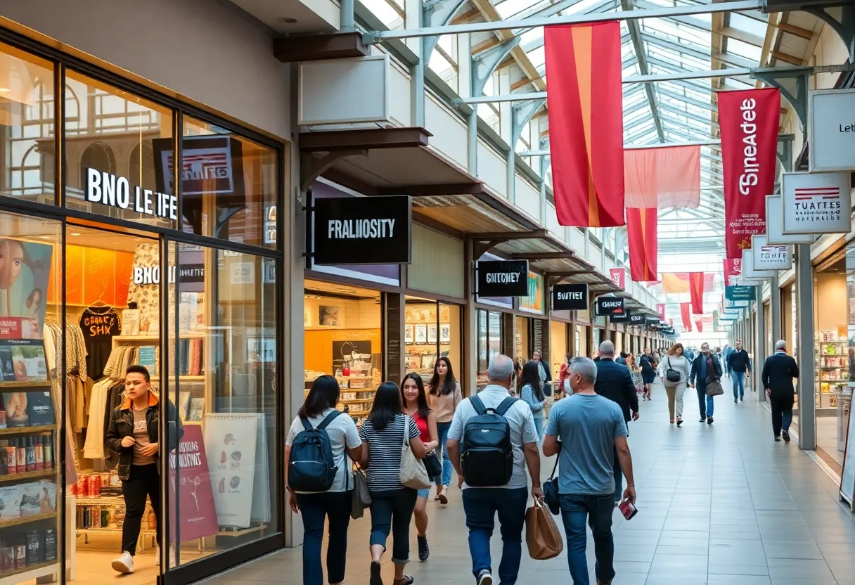 View of Louisiana Boardwalk Outlets showcasing stores and people.