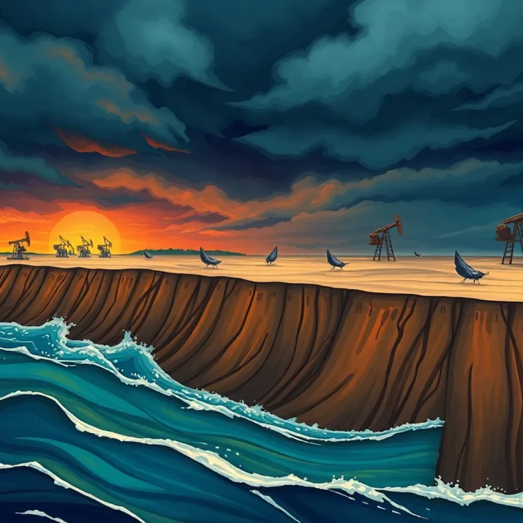 Illustration of Louisiana coastal erosion with oil platforms