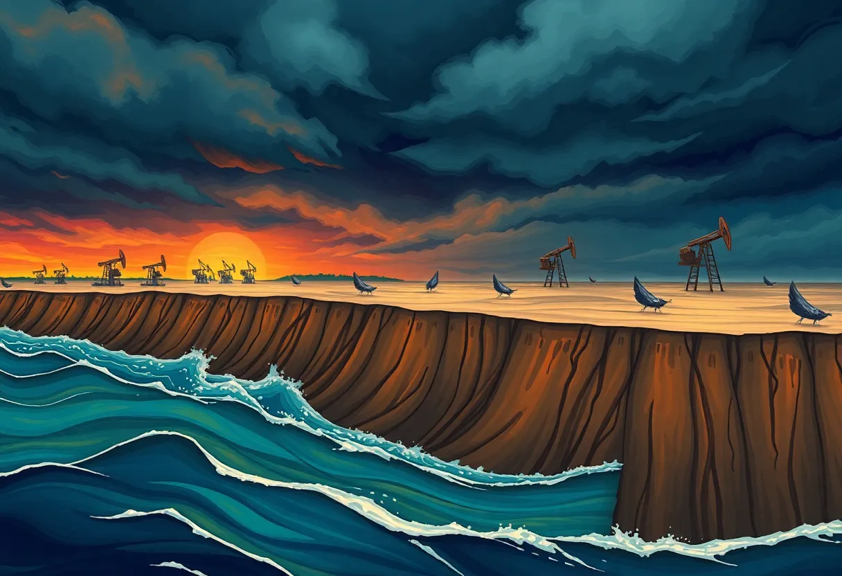 Illustration of Louisiana coastal erosion with oil platforms