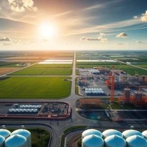 An aerial view of Louisiana oil fields and natural gas facilities