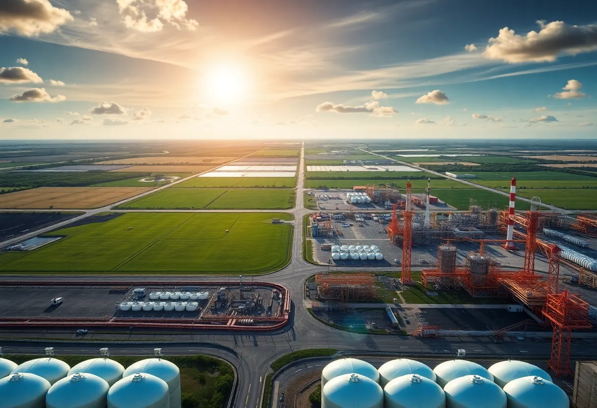 An aerial view of Louisiana oil fields and natural gas facilities