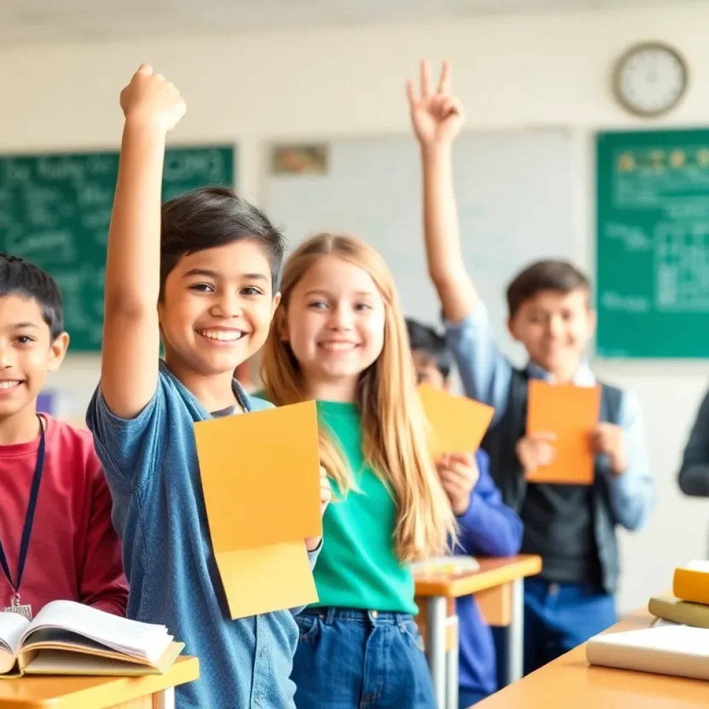 Students celebrating their achievements in a classroom setting