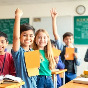 Students celebrating their achievements in a classroom setting